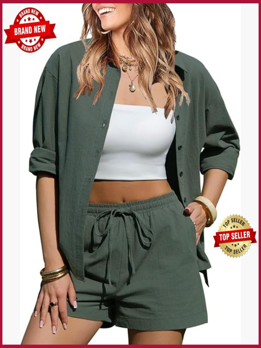 Women's Cotton 2 Piece Sets Long Sleeve Button Down Shirts Matching Shorts